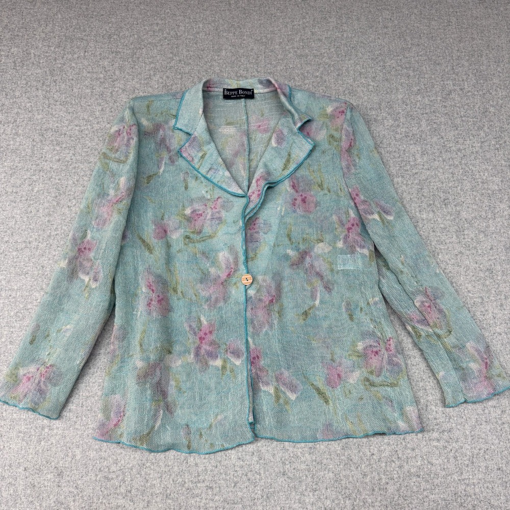 Beppe Bondi Floral Knit Blazer 52 Teal Purple Linen Blend Made in Italy Cardigan
